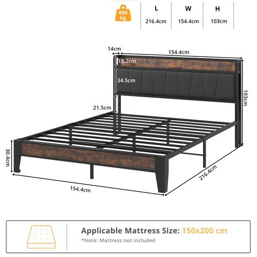 IRONCK King Size Bed Frame with Storage Shelf Upholstered Headboard, Platform Bed Frame with Charging Station, Metal Bed Frame/UnderBed Storage, 1