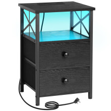 AMHANCIBLE Bedside Table, Side Table with Charging Station and Led Lights, Bedside Cabinet with 2 Fabric Storage Drawers, End Table, Sofa Side Table,