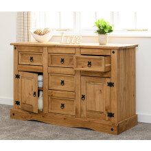 Seconique Corona 2 Door 5 Drawer Sideboard in Distressed Waxed Pine
