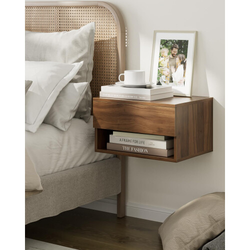 HEYZOEY Floating Bedside Table,Night Stand Small Modern Floating Nightstand with Drawer,Walnut