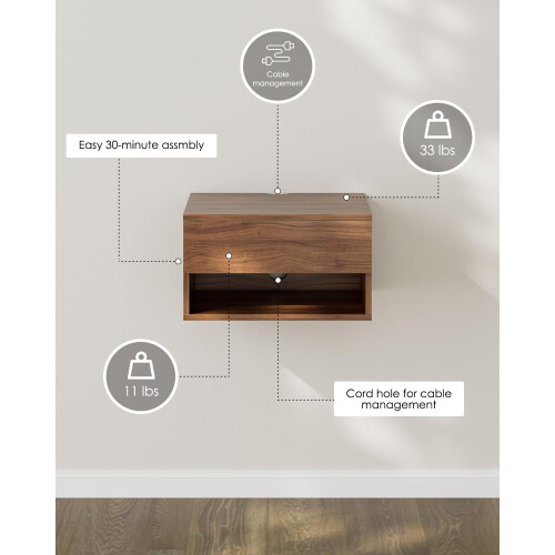 HEYZOEY Floating Bedside Table,Night Stand Small Modern Floating Nightstand with Drawer,Walnut 2