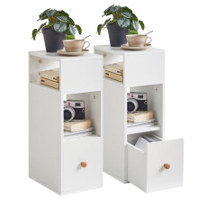 IBUYKE Slim Bedside Table Set of 2, Small Narrow Nightstand with 2 Open Compartments and 1 Drawer, Space Saving, Wood Side End Tables for Bedroom