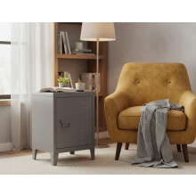 Homybec Small Metal Cabinet 1-Door, Free Standing 2 Tier Shelves Bedside Nightstand Cupboard, Side Storage Organizer for Home Office Study Bedroom