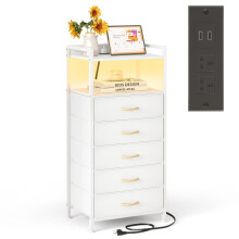 MUTUN Bedside Table with Charging Station and LED Lights, Tall Dresser Nightstand with 5 Drawers Sofa Side Table,Open Storge Shelf 2 Outlet & USB &