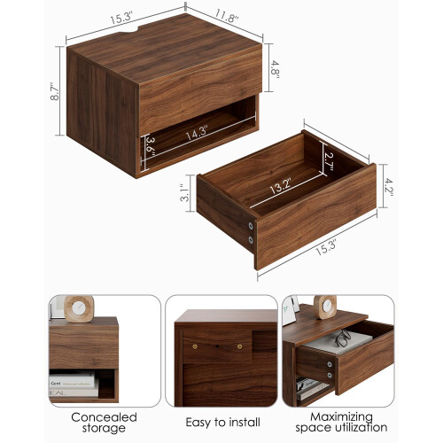 HEYZOEY Floating Bedside Table,Night Stand Small Modern Floating Nightstand with Drawer,Walnut 1