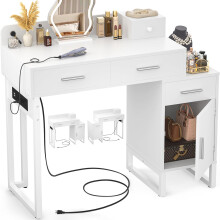 iSunirm Dressing Table Vanity Desk with 4 Storage Drawers - Modern Makeup Desk with Charging Station, Vanity Desk with Reversible Cabinet Dressing