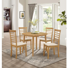 Hallowood Furniture Ledbury Small Dining Table and Chairs Set 4, Round Wooden Drop Leaf Table and Cream Fabric Padded Seat Chairs, Dining Room Set for