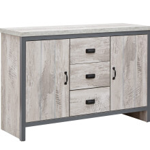 GFW Boston Sideboard Unit With 3 Storage Drawers & 2 Door Storage Cabinets & Adjustable shelves, Contemporary Grey Wooden Oak Sideboards For Living