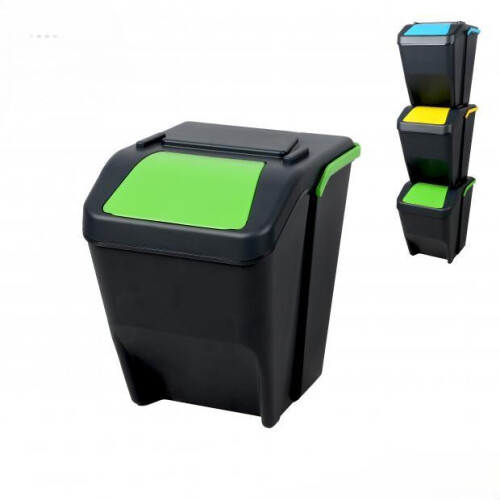 Stackable Recycle Bin 25 Litre Green Plastic Waste Sorting Bin Space Saving Kitchen Utility Room Waste Management