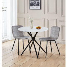 Hallowood Furniture Cullompton Dining Table and Chairs Set 2, Small Marble Effect Top White Round Table and Chairs with Taupe Faux Leather Upholstery,