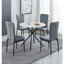 Hallowood Furniture Cullompton Small Dining Table and Chairs Set 2, White Marble Effect Round Table and 2 Faux Leather Chairs in Grey High Back,