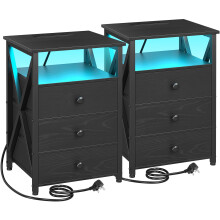 AMHANCIBLE Bedside Table Set of 2 with Charging Station, Side Table with Led Lights, Bedside Cabinet with 3 Fabric Storage Drawers, End Table, Sofa