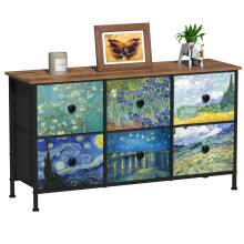 VEDECASA Dresser Bedroom with 6 Fabric Drawers Wide Dressers & Chests of Drawers Van Gogh TV Stand with Wood Top Metal Framed for Girls Boys Bedroom