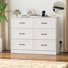 BonVache Chest of Drawers with 6 Drawers, Sideboard with 2 USB Ports and 2 AC, Wooden Frame & Black Handles, Fabric Storage Drawer Organizer for