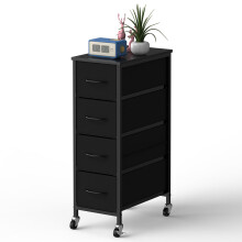 LIANTRAL Narrow Dresser with 4 Drawers, Storage Cabinet, Slim Fabric Tower with Wheels, Wood Top Shelf, Bedroom Chest of Drawers for Small Spaces,