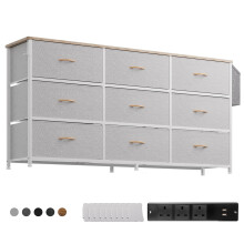 PURFINO Fabric Chest of Drawers - Large TV Stand for 43-65 Inch TVs with 9 Drawers, Label Cards, Side Pocket & Hook, Odor Free Storage Unit for Living