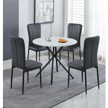 Hallowood Furniture Cullompton Round Table and Chairs Set 4, White Marble Effect Round Dining Table with Chairs in Black Faux Leather Seats, 4 Seater