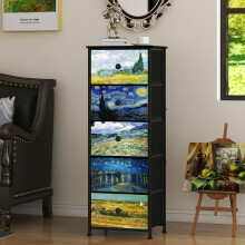 Welfuturer Bedroom Chest of Drawers with 5 Fabric Drawers Van Gogh Dresser Nightstand Bedside Table Tall Storage Unit for Bedroom Living Room Halfway