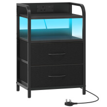 HOOBRO Bedside Table, Nightstand with Charging Station and LED Lights, Side Table with 2 Drawers and 2 Open Shelves, Metal Frame, for Living Room,