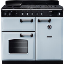 Rangemaster Classic CL100DFPMSB/CM1 100cm wide Dual Fuel Range Cooker with Gas Hob - Misty Blue / Chrome - A Rated