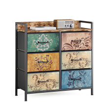Mondeer Chest of Drawers, 6 Fabric Drawers Dresser Cabinet with Retro Floral Prints and Vintage Handle, for Bedroom Living Room Entryway, Rustic Brown