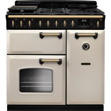 Rangemaster Classic Deluxe 90 CLDL90DFPPCR/AB1 90cm wide Dual Fuel Range Cooker with Gas Hob - Cream / Antique Brass - A Rated