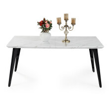 FurnitureR 150 cm Rectangular White Marble Effect top and Black Legs, 4-6 seat Table for Dining, Living Room, Kitchen, Cafe, 150x80x74cm