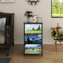 Welfuturer Chest of Drawers with 3 Fabric Drawers Van Gogh Dresser for Bedroom Nightstand Bedside Table Small Storage Unit for Bedroom Living Room