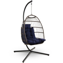 SereneLife Foldable Egg Chair with Stand, Rattan Wicker Hanging Swing for Indoor Outdoor Use, Waterproof Cushion & Headrest, Cozy Garden, Patio,