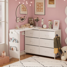 Welfuturer L Shaped Corner Dressing Table with 6 Drawers & Side Pocket White Vanity Desk with USB & Power Ports, Fabric Drawers, Modern Desktop