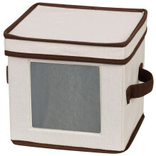 Household Essentials Salad Plate Storage Chest, Natural Canvas with Brown Trim