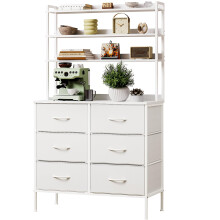 Mintnook Bedroom Chest of Drawers, 3-Tier Wooden Storage Shelf, 80cm Dressing Table with 6 Cloth Drawers, 3-in-1 Multi-Purpose Fabric Dresser, Display