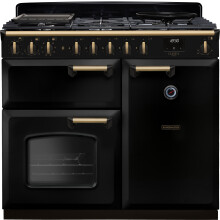Rangemaster Classic Deluxe 100 Dual Fuel CLDL100DFPGBL/AB1 100cm wide Dual Fuel Range Cooker with Gas Hob - Black / Antique Brass - A Rated