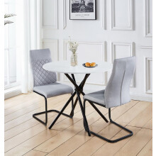 Hallowood Furniture Cullompton Small Dining Table and 2 Chairs Set, White Marble Effect Top Round Table and 2 Chairs with Light Grey, High Back,