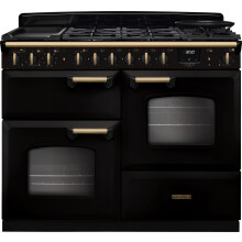Rangemaster Classic Deluxe 110 CLDLO110DFPGBL/AB1 110cm wide Dual Fuel Range Cooker with Gas Hob - Black / Antique Brass - A Rated