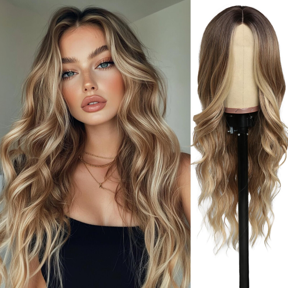 Unisex Dark Ombre Blonde Long Wavy Wig 26 Inch With Roots Natural Hairline Heat Resistant For Women