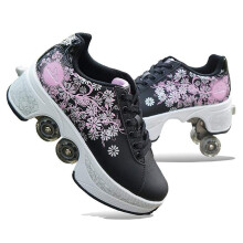 Walking Shoes Invisible Roller Skates 2In1 Removable DoubleRow Wheels Rechargeable Battery 7Color Lights Black Pink