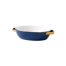 Ceramic Baking Dish Rectangular Pan Microwave Safe Blue Gold Edged Cheese Tray