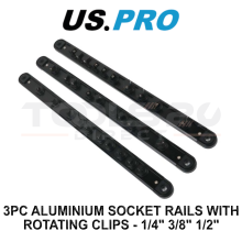 US PRO Tools 3pc Aluminium Socket Rail Set with Rotating Clips 1/4" 3/8" 1/2" 7236