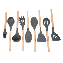 Conjunto de utensílios de cozinha de silicone com cabo de madeira resistente ao calor, antiaderente e próprio para alimentos. Fácil de limpar e