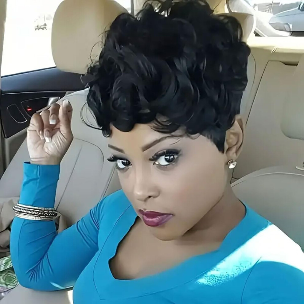 Unisex Black Short Pixie Wig For Women Curly Synthetic Hair Natural Hairline Adjustable Fit Color