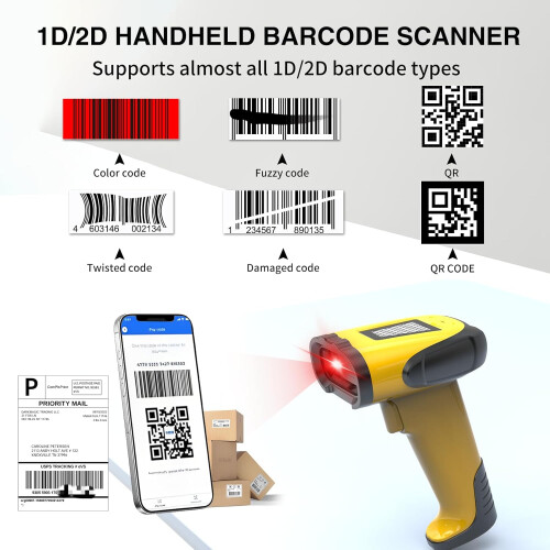 Wireless Barcode Scanner with 2.4GHz Bluetooth, 1D 2D Scan, Triple Modes, Long Battery for POS Warehouse 1