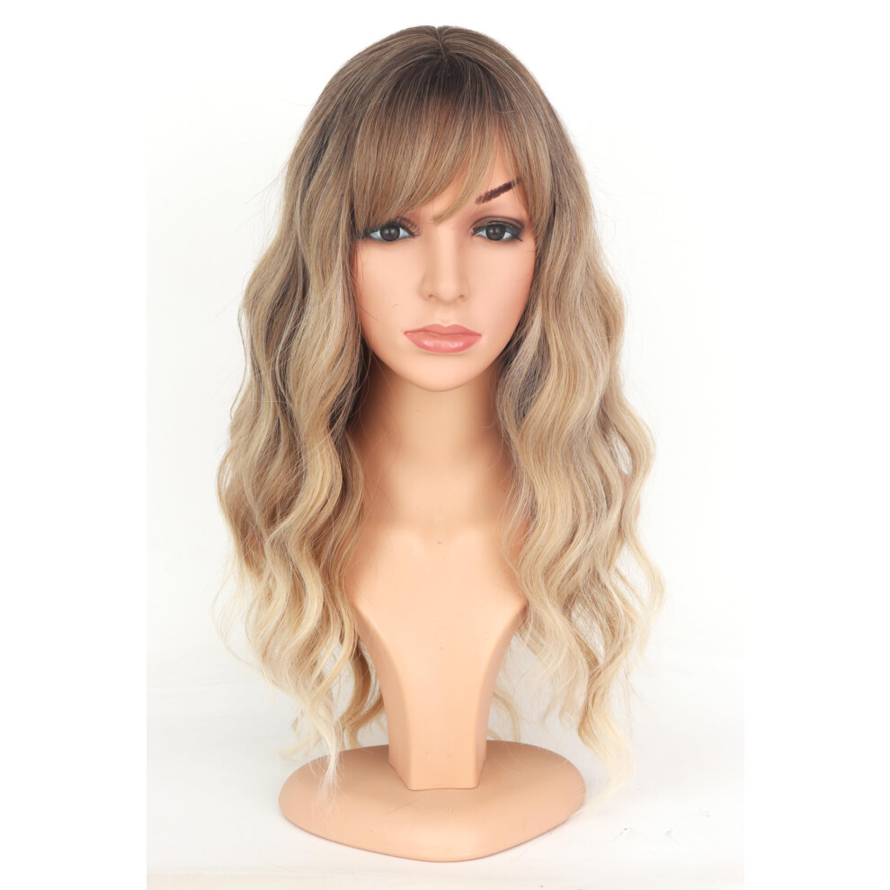 Unisex Blonde Wavy Wig With Bangs 18 Inch Heatresistant Synthetic Ombre For Women Daily Use