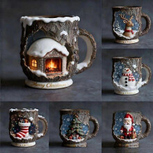 (E) Christmas Tree Mugs Winter Reindeer and Santa Resin Mugs for Hot Chocolate Coffee Hot/Cold Beverages Cups for Rustic Christmas Holiday Gift