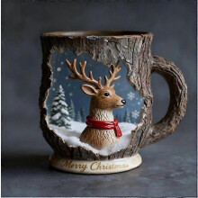 (F) Christmas Tree Mugs Winter Reindeer and Santa Resin Mugs for Hot Chocolate Coffee Hot/Cold Beverages Cups for Rustic Christmas Holiday Gift