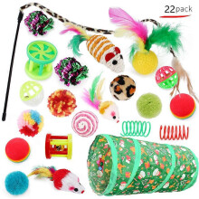 (Set B) 22 Pcs Cat Toys for Indoor Cats Collapsible Cat Tunnel Interactive Feather Teaser Wand Ball Toy for Kitten Cats, Multiple Cat Interactive Toys
