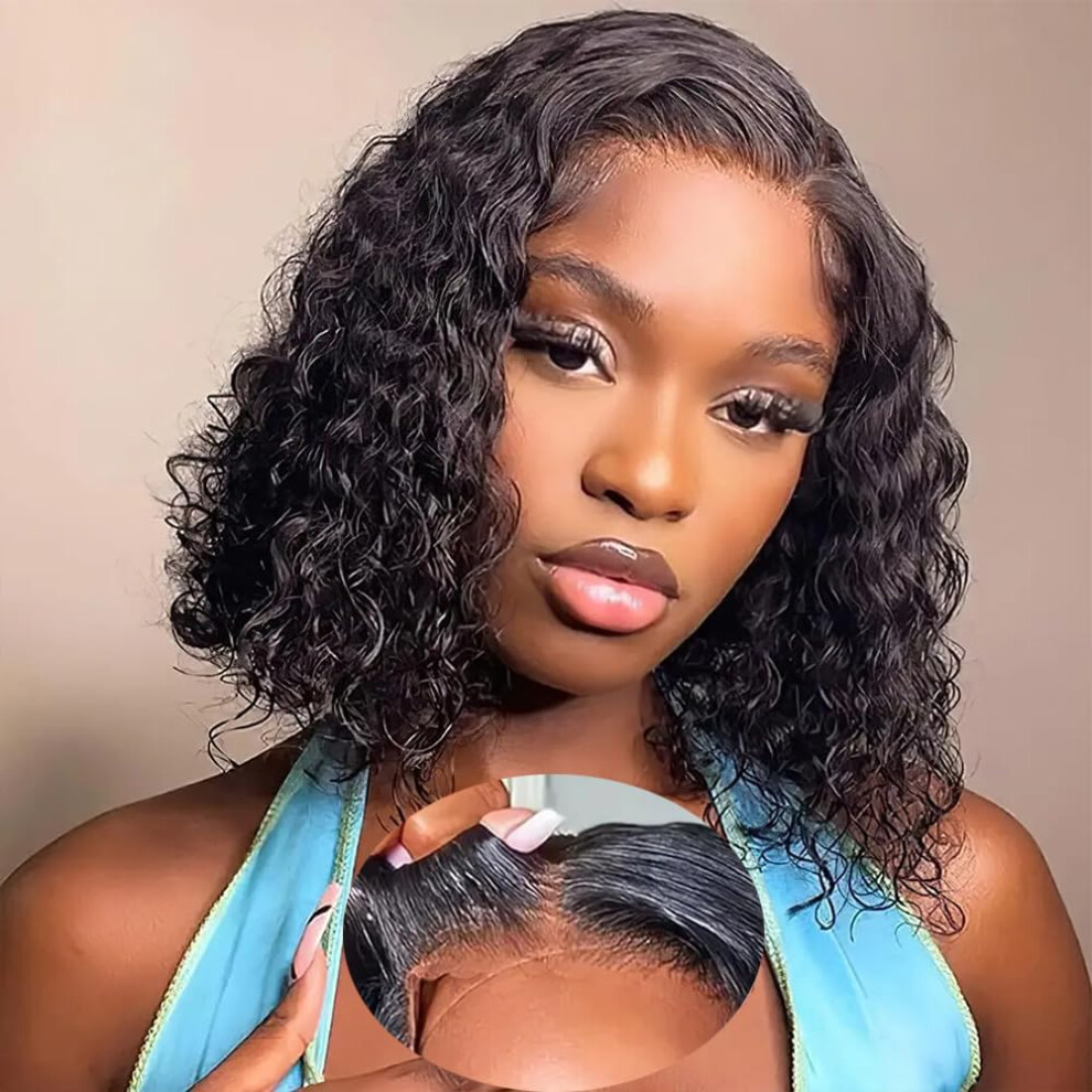 Unisex Human Hair Bob Wig Water Wave 4X4 Lace Closure Glueless Pre Plucked Short Curly Wig 12 Inch