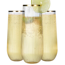 48 Pack Gold Rim Plastic Champagne Flutes 9oz Stemless Ribbed Ripple Shatterproof Disposable Glasses for Weddings and Parties
