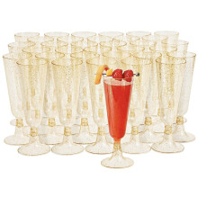 50 Pack Gold Glitter Plastic Champagne Flutes 5oz – Elegant Reusable Disposable Glasses for Parties and Weddings