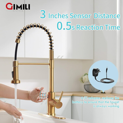 Brushed Gold Touchless Kitchen Faucet with Pull Down Sprayer, Smart Motion Sensor, Hands 1